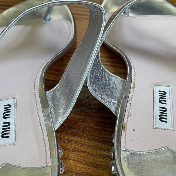 Miu Miu Metallic Silver Sandals with Rhinestone Heel Design, Size 41 EU - Picture 13 of 16